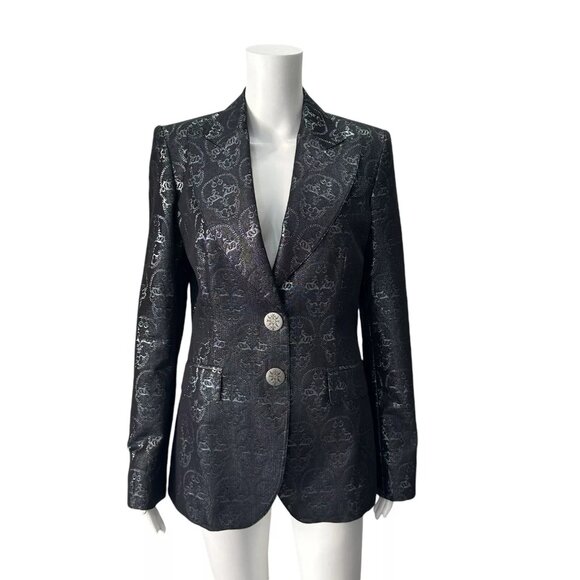 Thomas Wylde Black Metallic Printed Single Breasted Blazer Size 4 - Picture 1 of 10